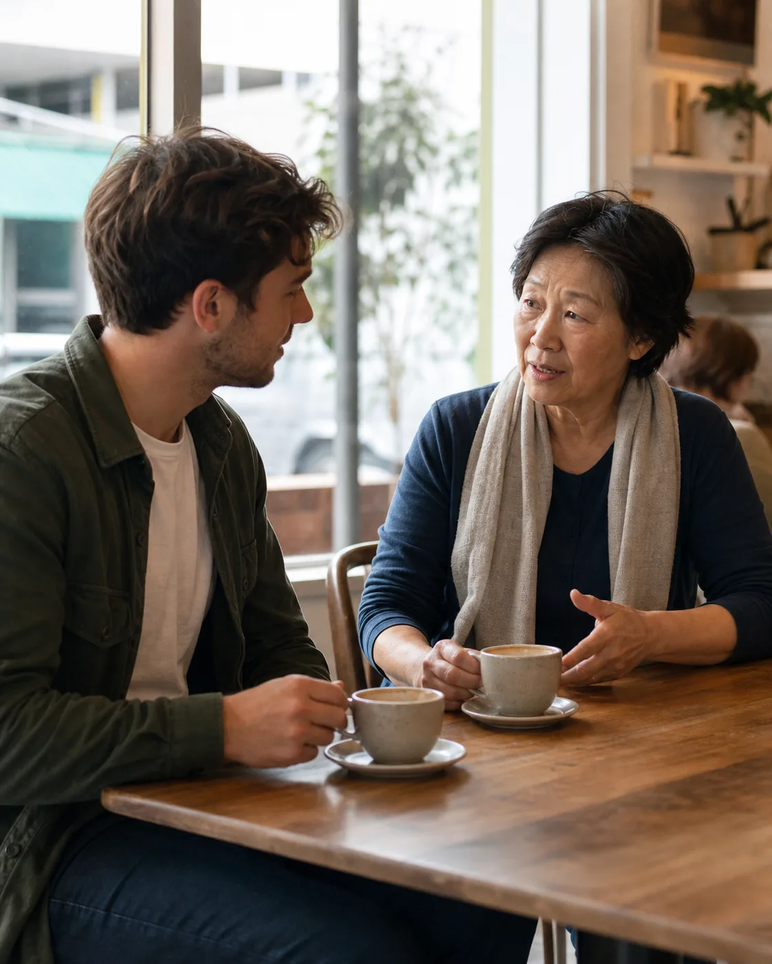 A younger man and an older woman talking together at a café