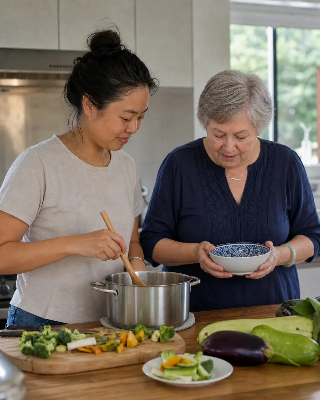 A younger woman preparing a meal for an older woman in a home kitchen