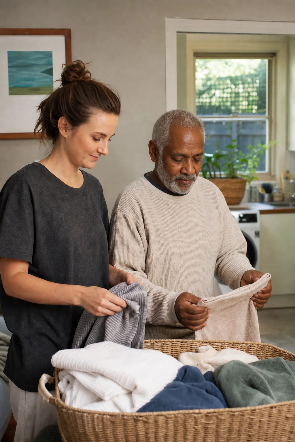A younger woman and an older man folding clean laundry together at home