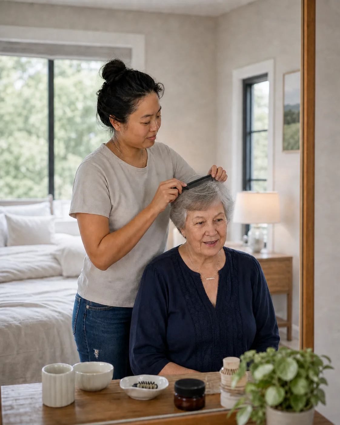 A younger woman gently helping an older woman groom her hair at home